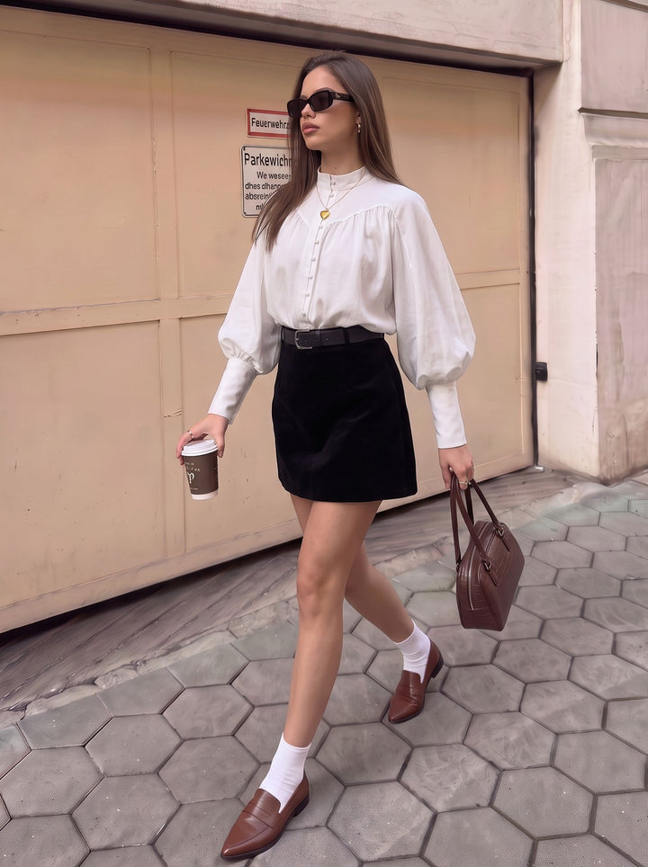 Elegant Balloon Sleeve Button Down Blouse