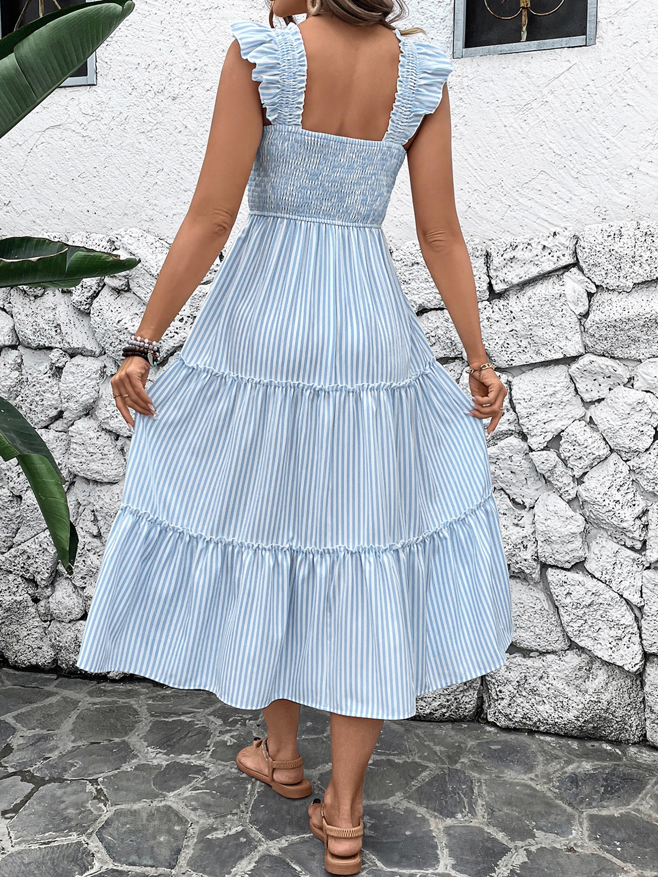 Smocked Ruffled Shoulder Sweet Midi Dress