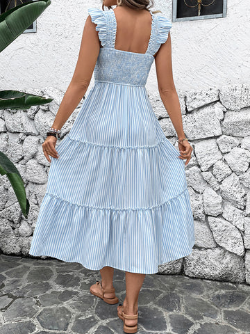 Smocked Ruffled Shoulder Sweet Midi Dress