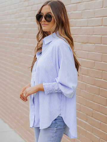 Oversized Striped Smocked Cuff Button Down Shirt