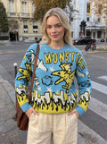 Oversized Graphic Monster Print Pullover Sweater
