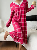 Cozy Plaid Lace Trim Nightgown