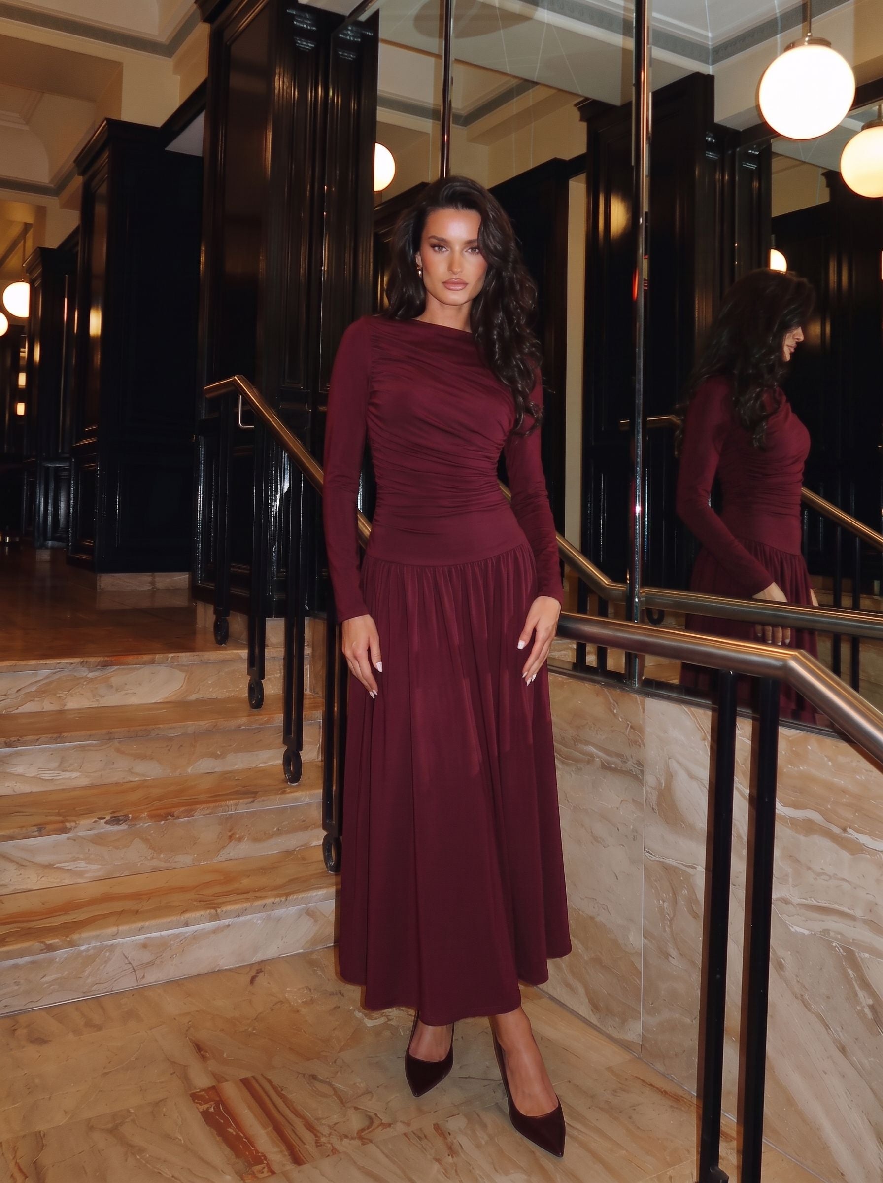 Ruched Long Sleeve Midi Dress