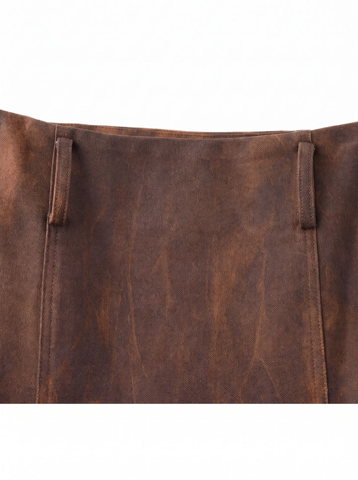 Faux Suede Distressed Midi Skirt