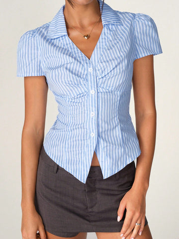 Stripe Puff Sleeve Modern Shirtdress-Blue