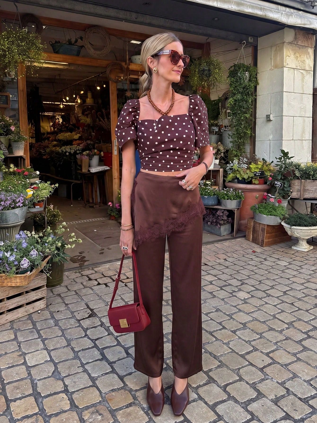 Lace Trim Satin Wide Leg Pants