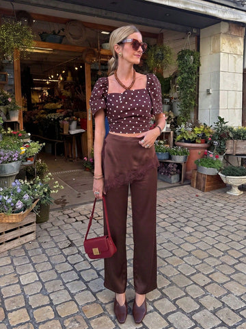 Lace Trim Satin Wide Leg Pants