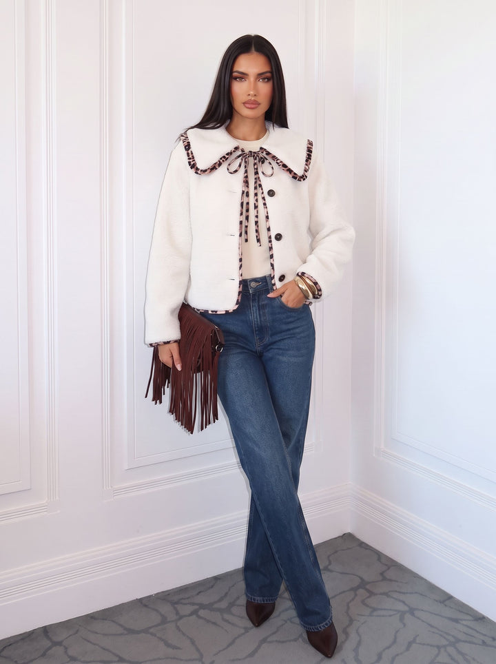 Leopard Trim Cozy Sherpa Jacket