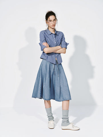 Urban Revivo Contrast Trim Drawstring Pleated Denim Midi Skirts-Blue