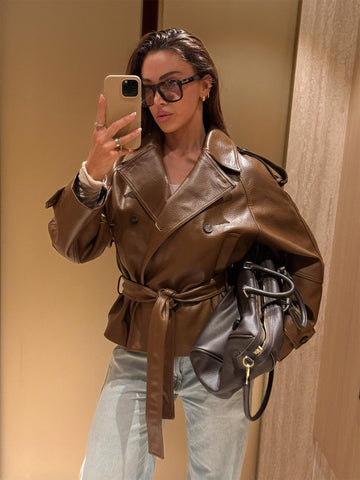 Oversized Belted Faux Leather Jacket