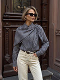 Draped Plaid Tie Front Button Shirt
