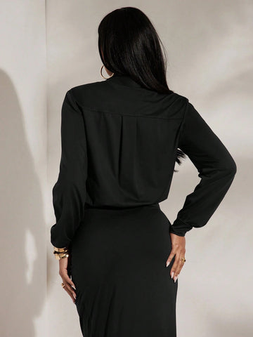 Elegant Plunging Neckline Long Sleeve Bodysuit