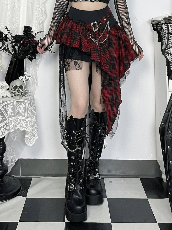 Gothic Plaid Asymmetric Lace Skirt