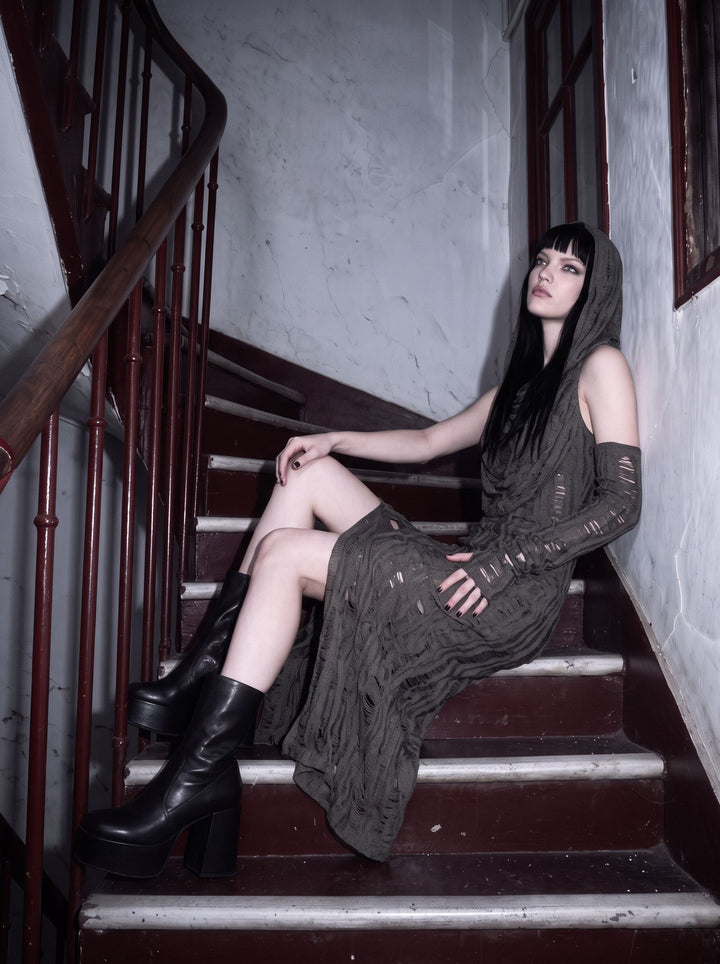 Distressed Hooded Slit Maxi Dress