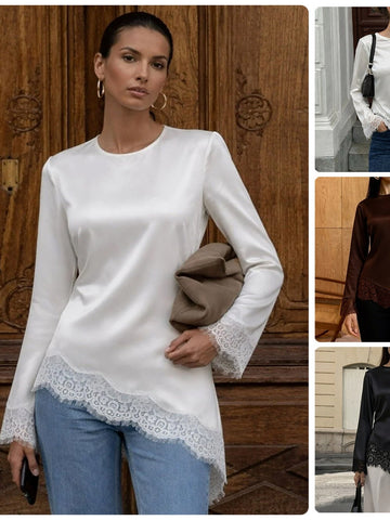 Satin Lace Trim Long Sleeve Tee