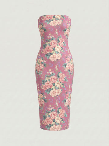 MAIA Floral Print Strapless Sheath Midi Dress