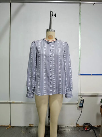 Floral Embroidered Ruffle Neck Button Shirt