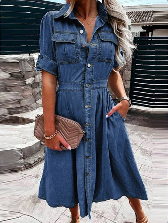 Button Front Pocket Detail Denim Mini Dress