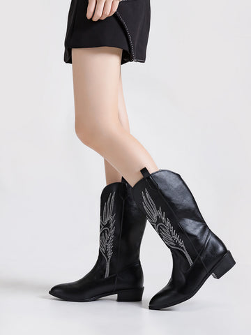 Embroidered Pointed-Toe Western Boots-Black
