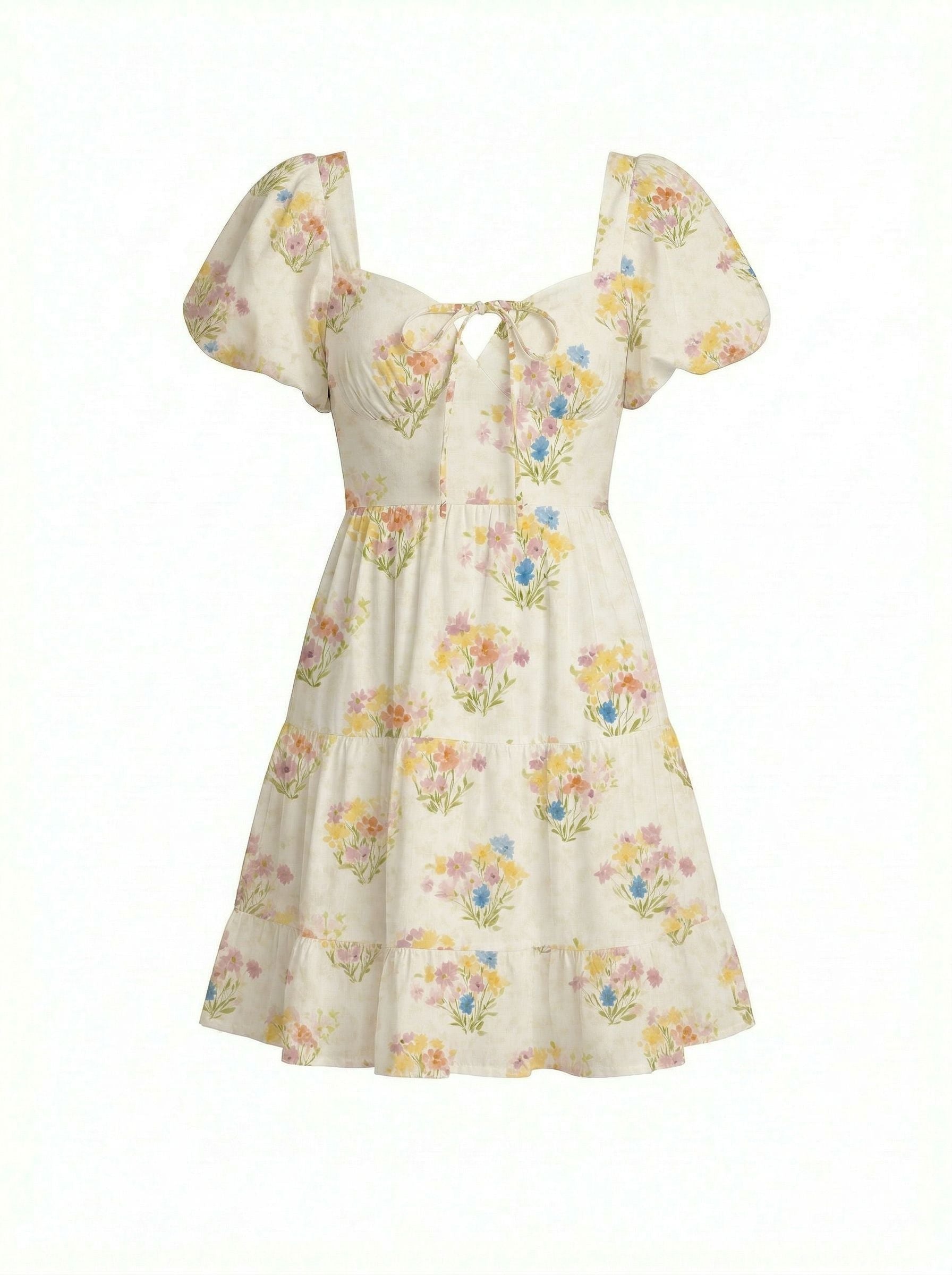 AYLA Floral Print Puff Sleeve Tiered Mini Dress