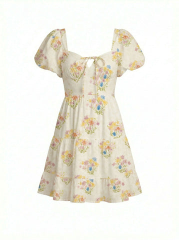 AYLA Floral Print Puff Sleeve Tiered Mini Dress
