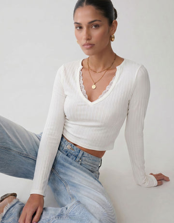Ribbed Lace Trim Long Sleeve T-shirt