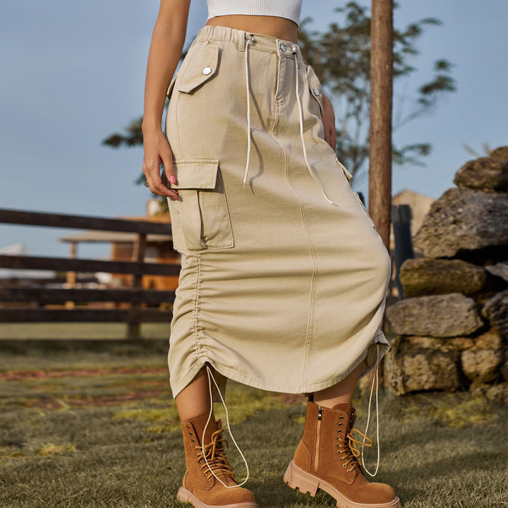 High Waisted Drawstring Denim Midi Skirt