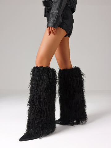 Furry Overlay Pointed-Toe Knee-High Edgy Boots-Black
