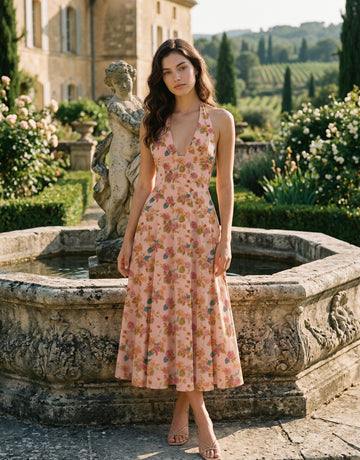AURELIA Floral Print Halter Neck Tie Back Midi Dress