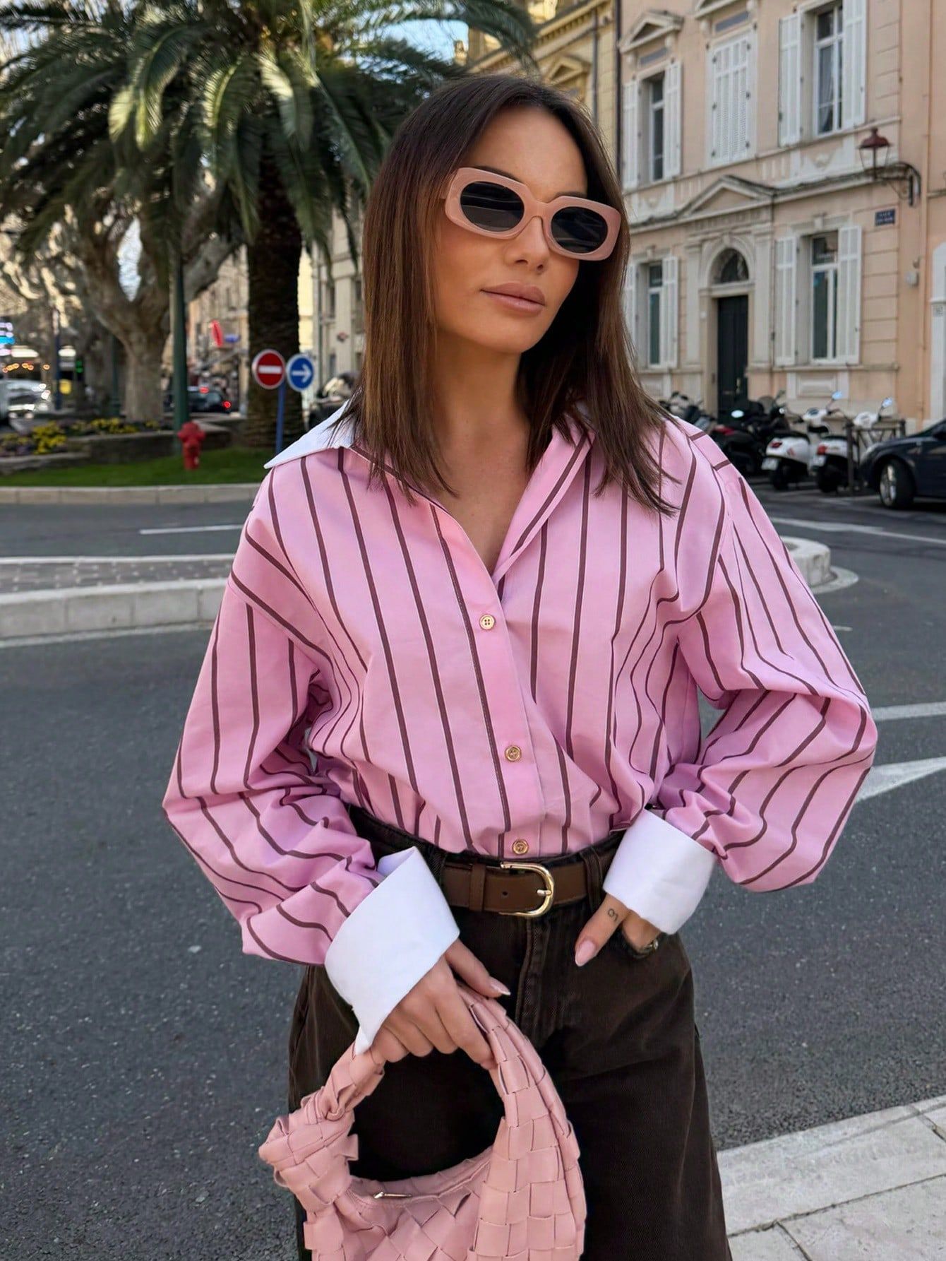 Oversized Striped Contrast Collar Button Down Shirt