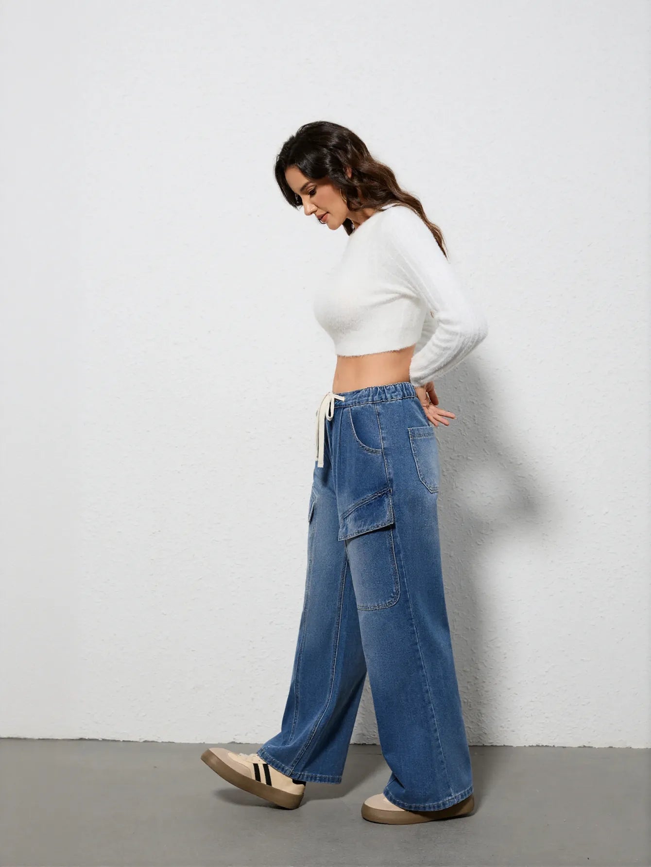Drawstring Cargo Wide Leg Jeans