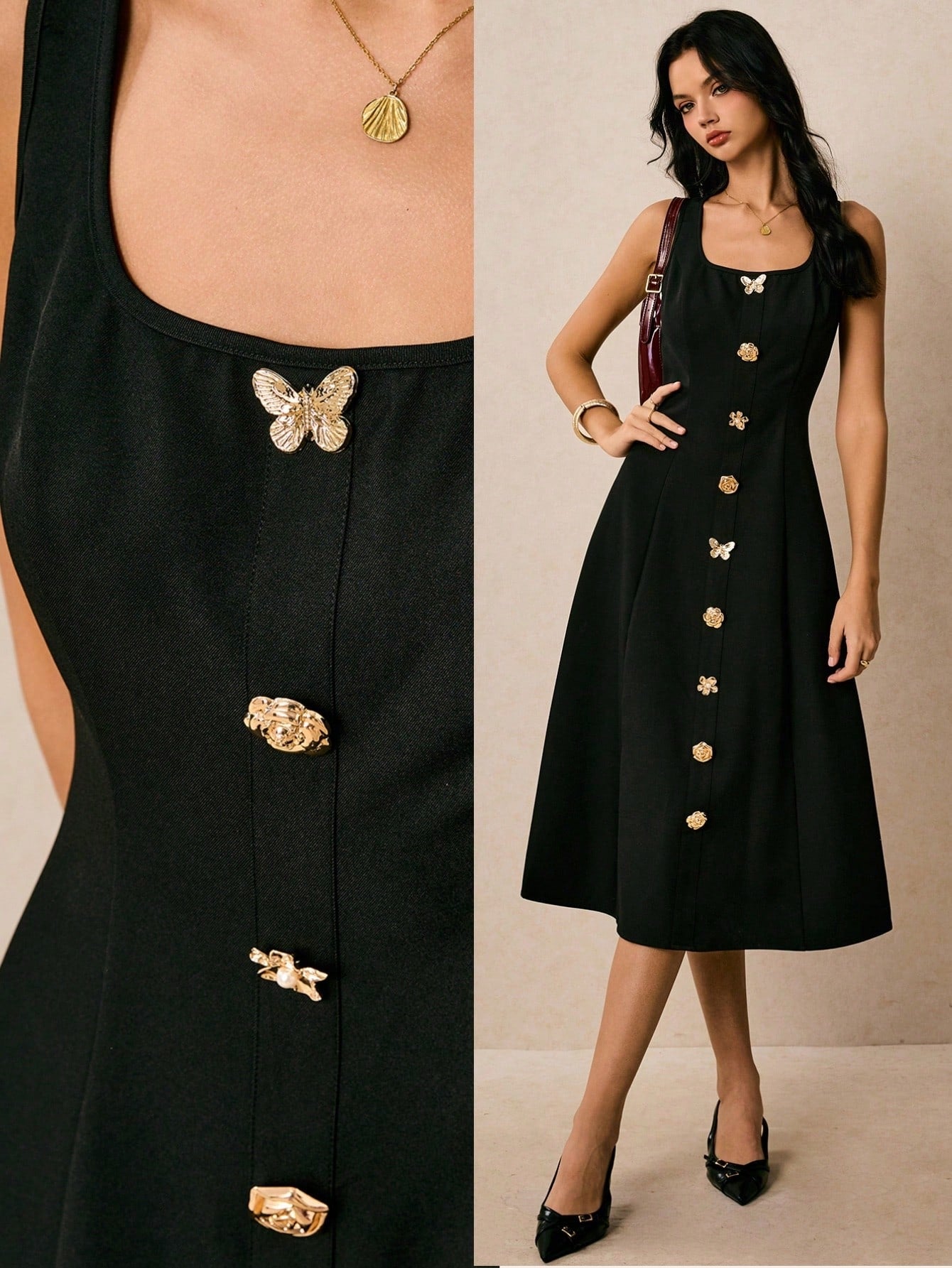 Button-Front A-Line Sleeveless Elegant Midi Dress-Black