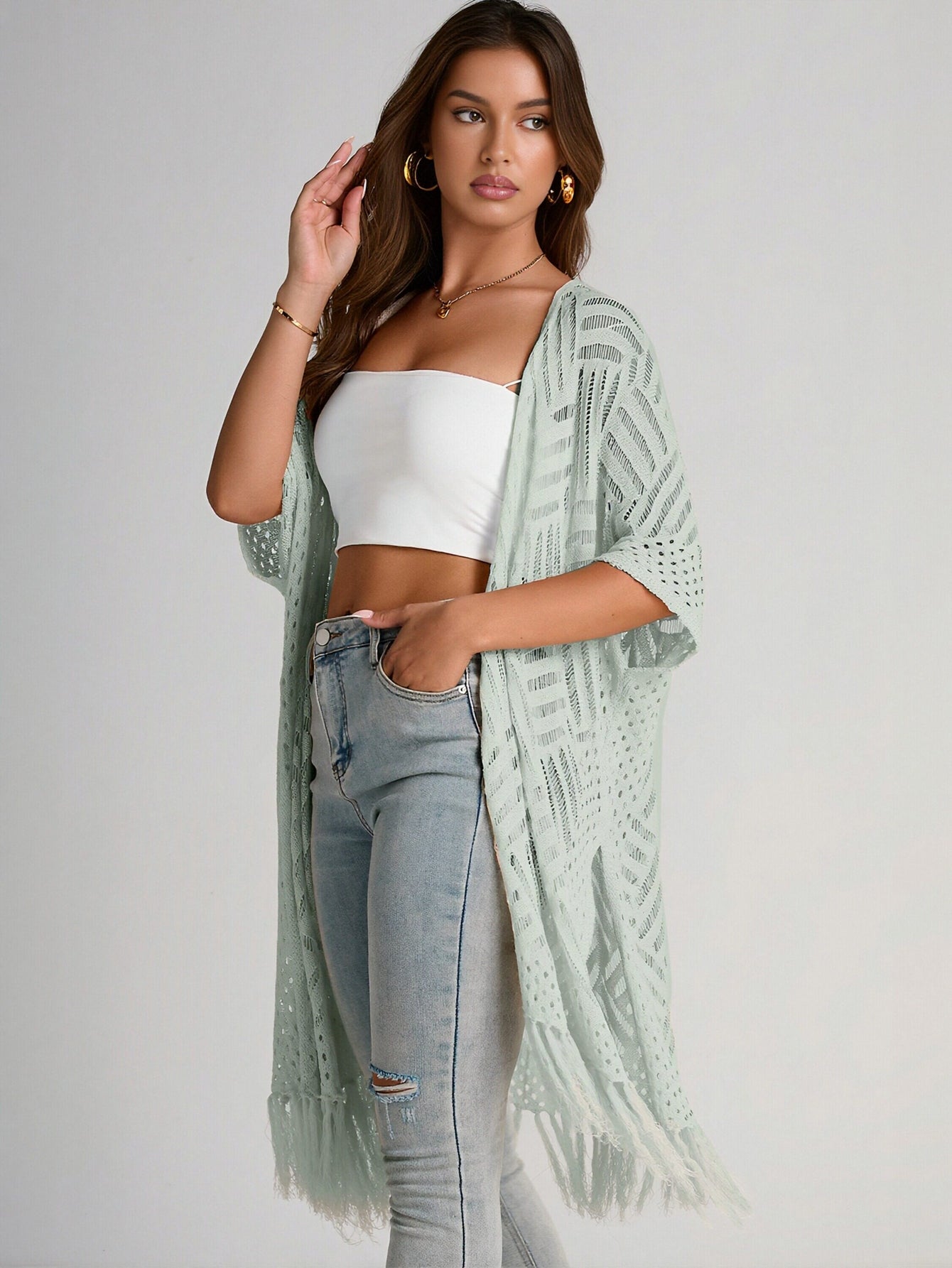 Boho Fringe Open Knit Cardigan