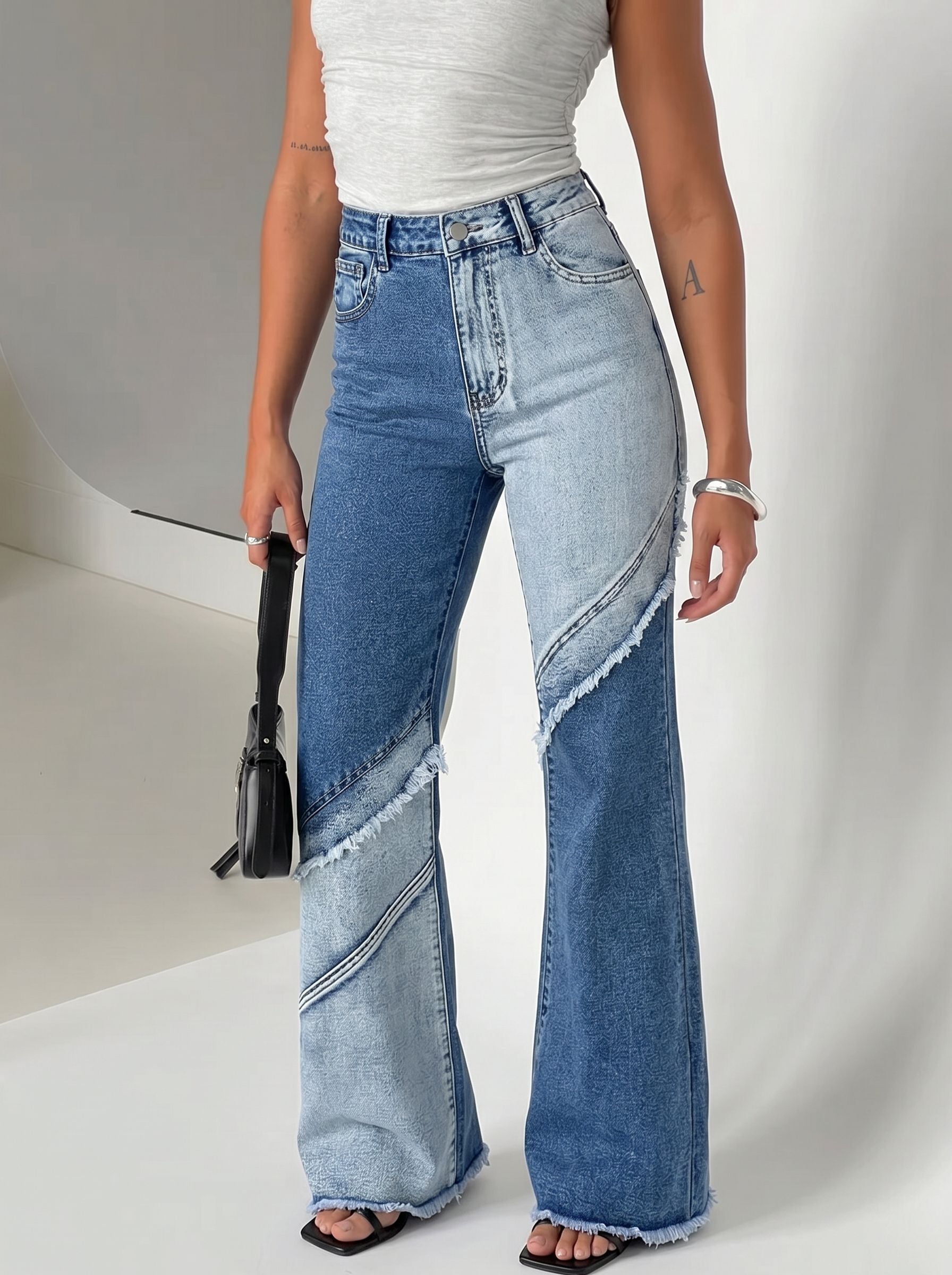Two Tone Distressed Wide Leg Jeans