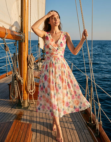 CORINNE
Floral Print V Neck A Line Midi Dress