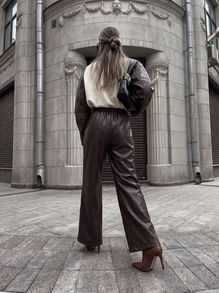 High Waisted Faux Leather Wide Pants