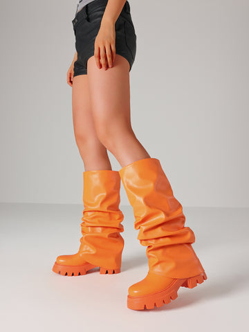 Chunky Heel Crinkled Leather Knee-High Edgy Boots-Orange
