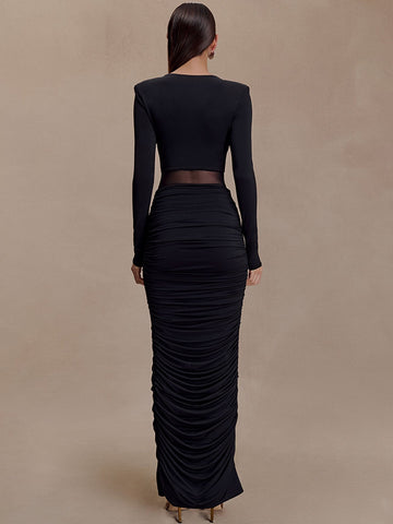 Sleek Ruched Mesh Detail Maxi Dress