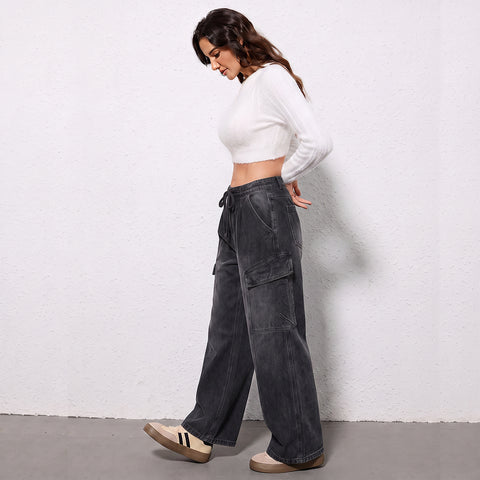 Drawstring High Waisted Cargo Jeans