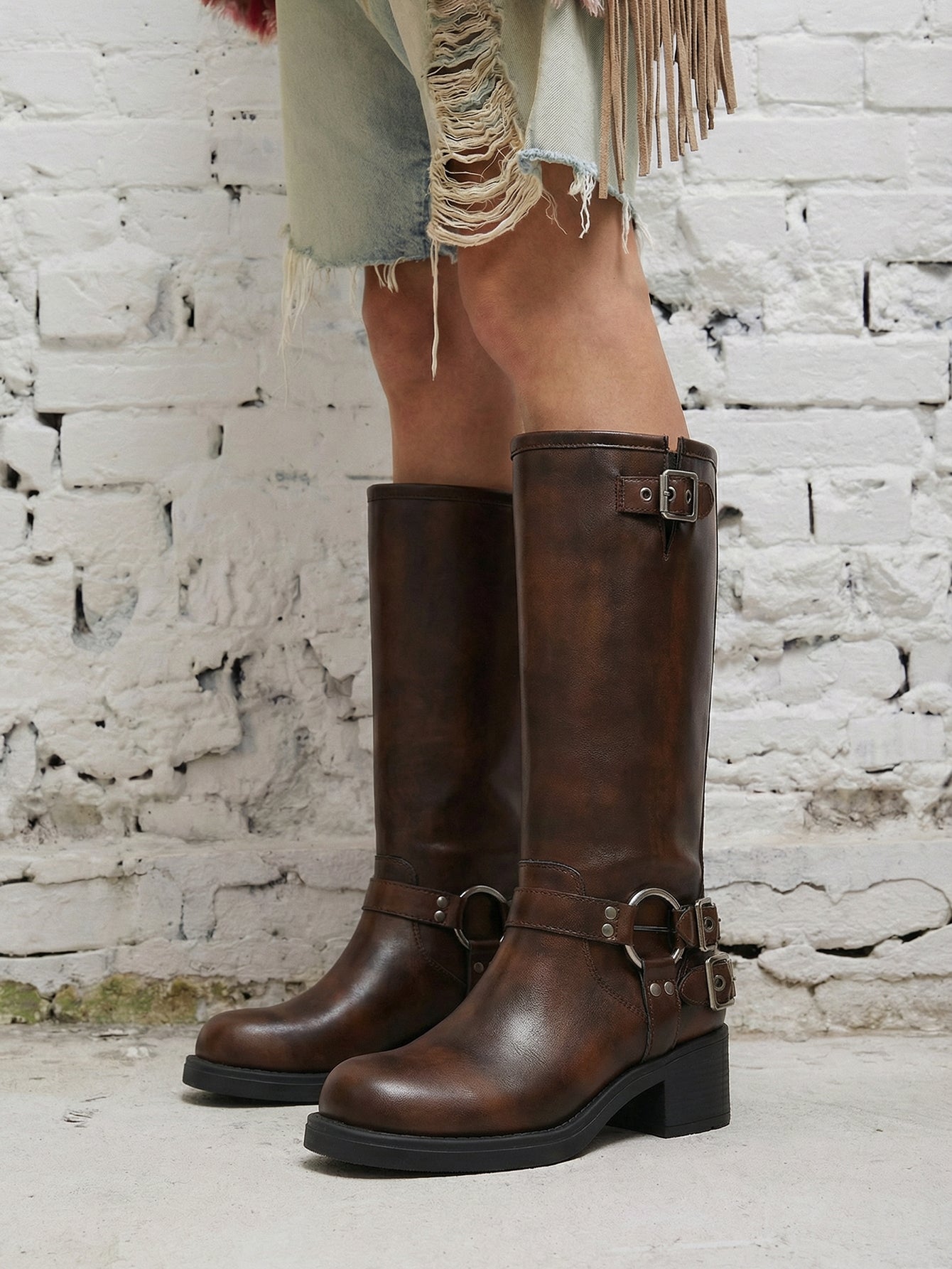 Harness-Buckle Chunky Heel Chic Mid-Calf Boots