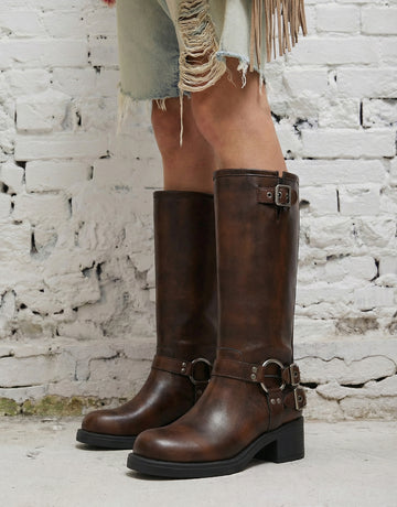 Harness-Buckle Chunky Heel Chic Mid-Calf Boots