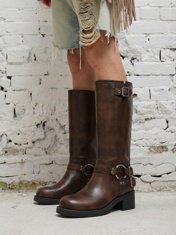 Harness-Buckle Chunky Heel Chic Mid-Calf Boots