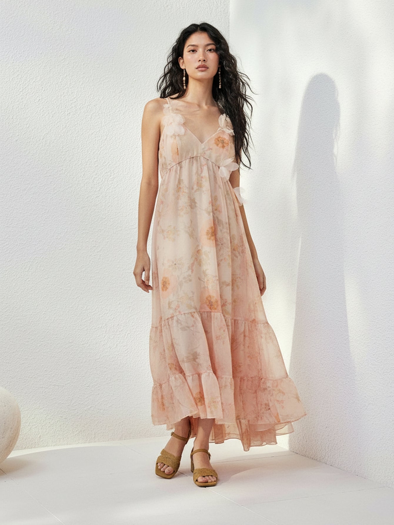 Urban Revivo Floral Decor A-Line Maxi Dresses-Pinky Orange Print