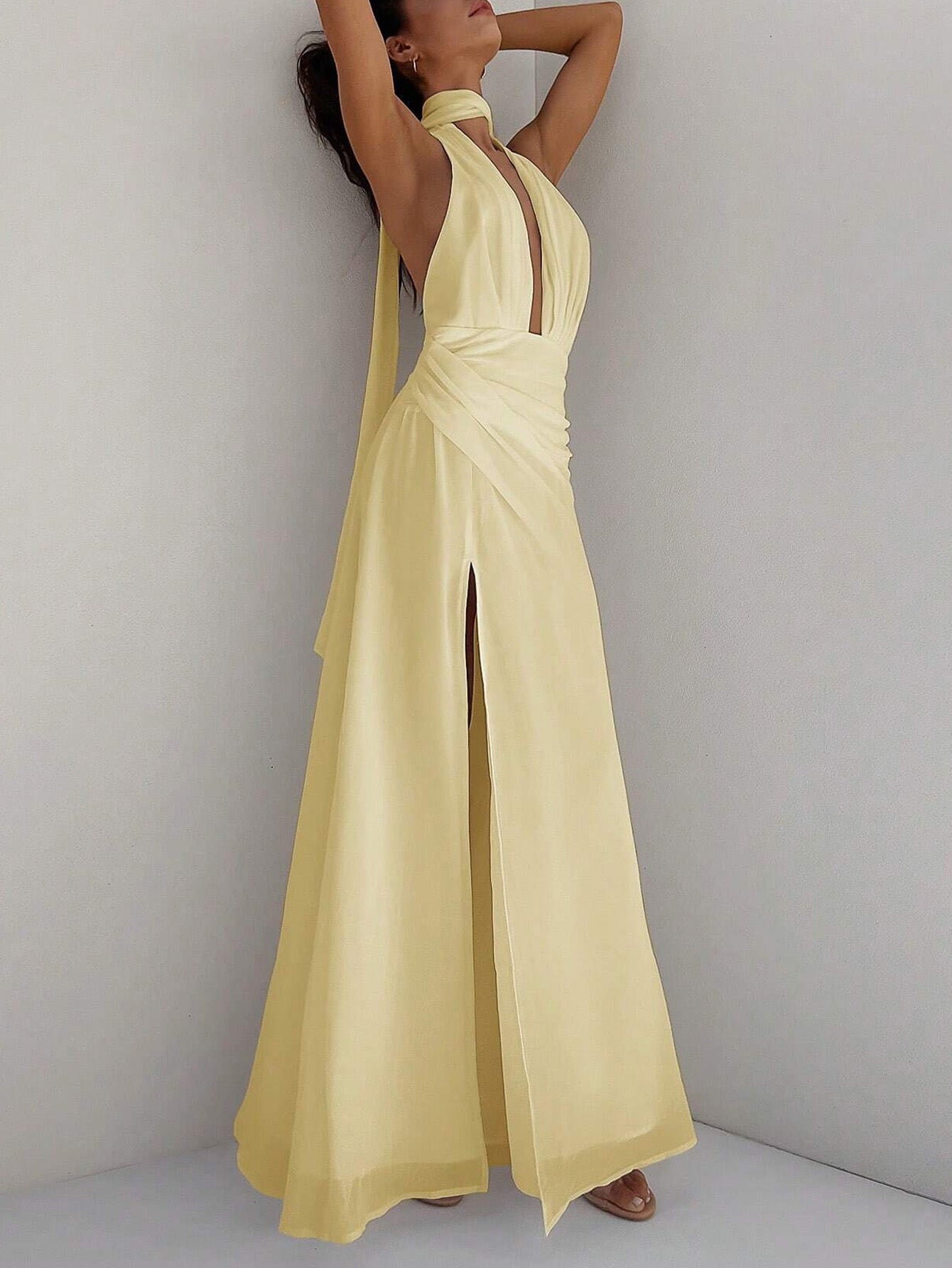 Halter High-Slit Ruched Sexy Evening Dress-Yellow