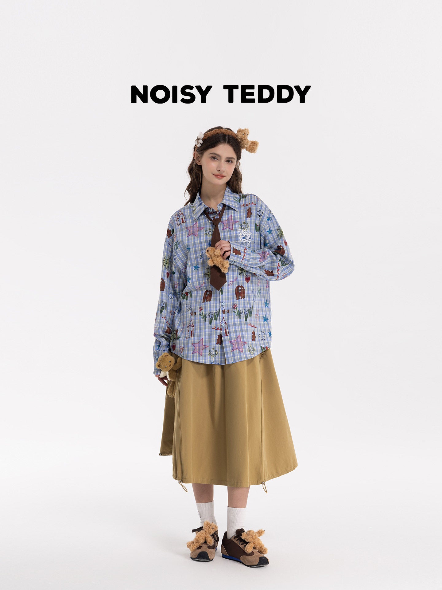 Oversized Plaid Doodle Print Button Up Shirt