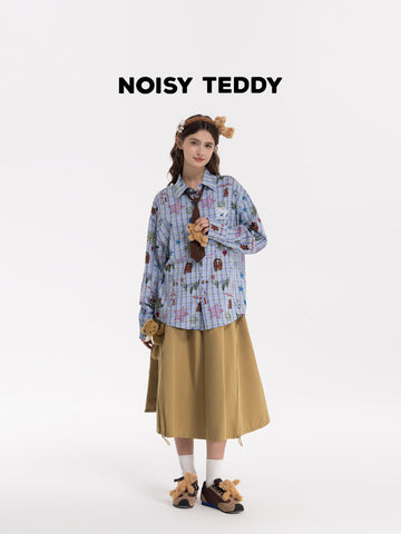 Oversized Plaid Doodle Print Button Up Shirt