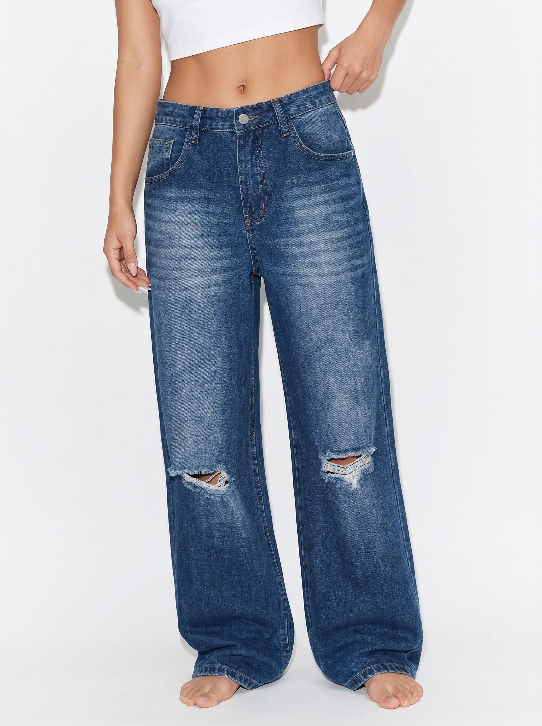 Distressed High Rise Wide Leg Jeans