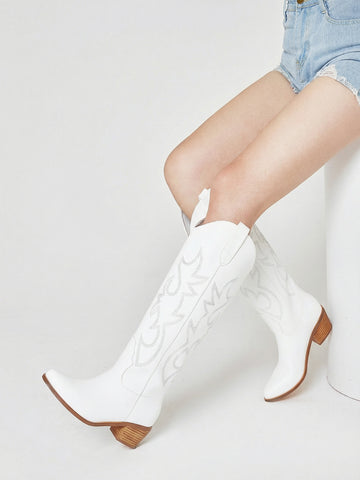 Pointed Toe Embroidered Knee-High Western Boots in White
