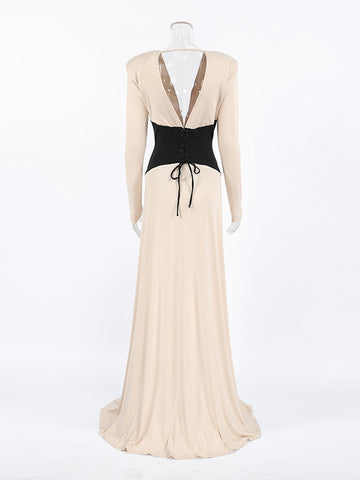 Elegant Colorblock Plunging Maxi Dress