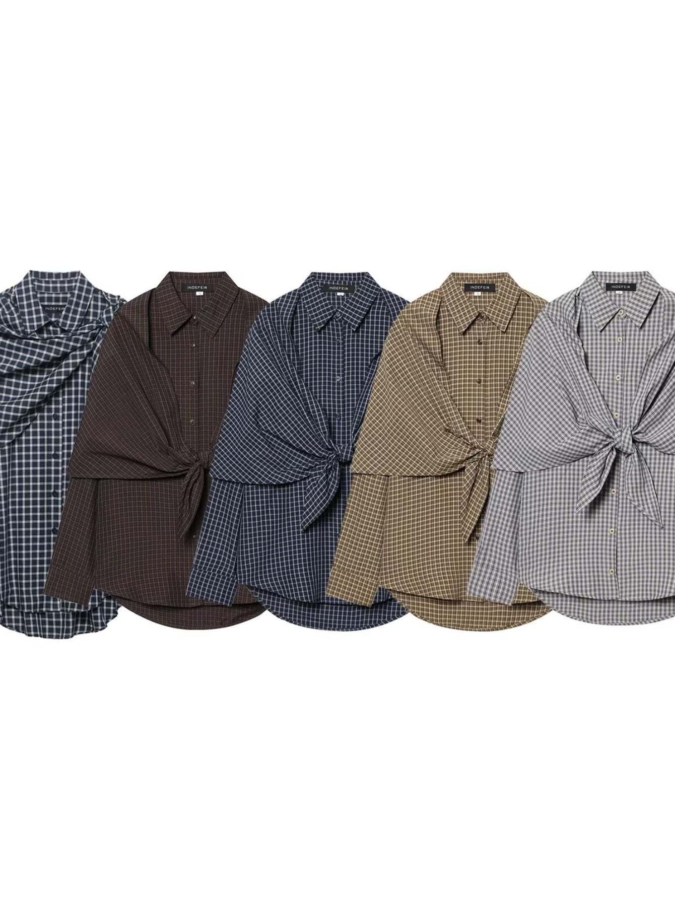 Draped Plaid Tie Front Button Shirt